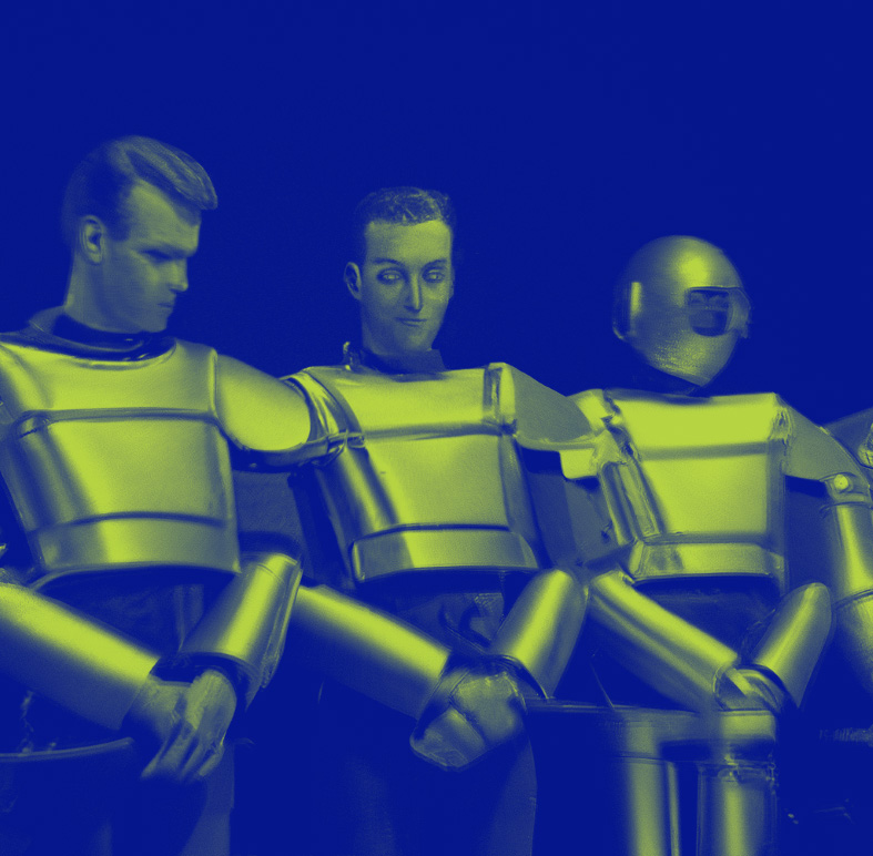 1950s sci-fi robots servants in armor, theatre play 1
